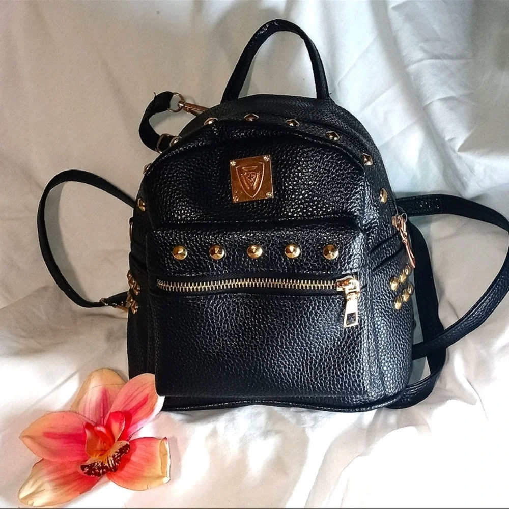Black Faux pebbled leather GOLD STUDDED shoulder handbag backpack CROSSBODY EXC